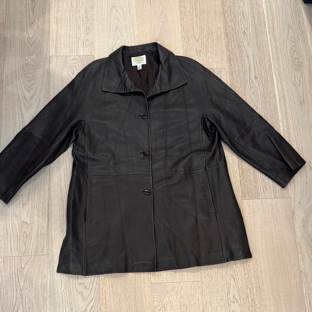 Talbots Women's 2X Genuine Leather Coat Brown Mid Length Button Front Jacket